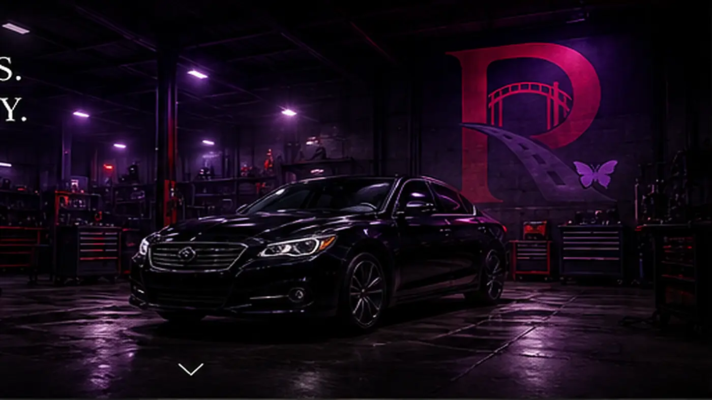 Branded illustration of a car in a dark workshop with the Rematta bridge and butterfly emblem